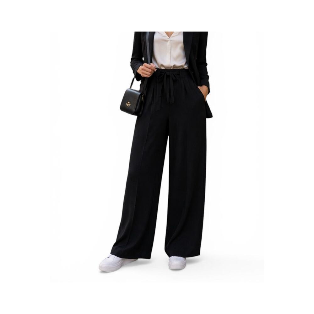 Black Tie-Waist Wide Leg Pants Minimal Tailored Lounge Fit Small